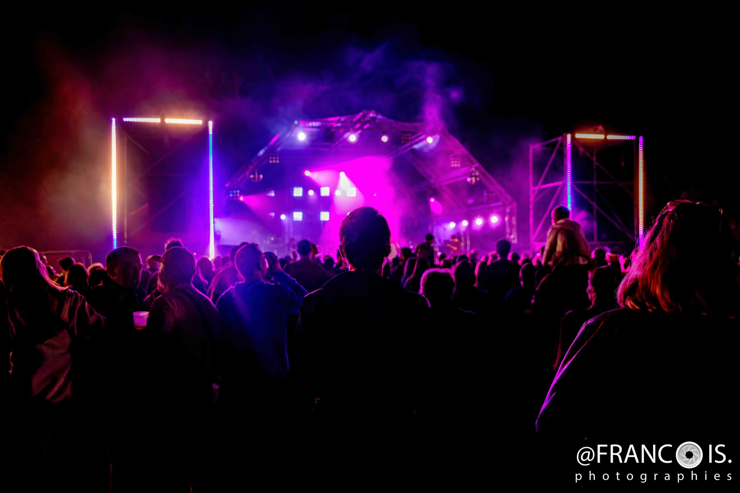 Foule face a une scene eclairee la nuit en festival, la basse qui se ressent et l histoire du reggae vecue en live