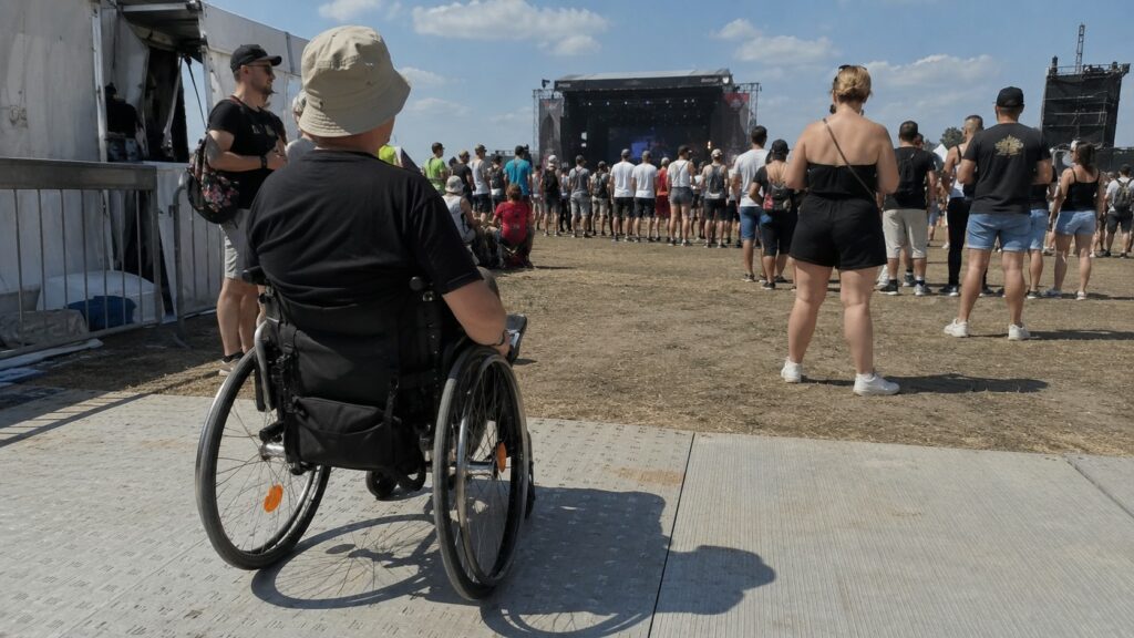 Personne en fauteuil roulant assistant à un festival de musique en plein air lors d’une journée ensoleillée, devant une scène de concert avec une foule de festivaliers, illustrant l’accessibilité des événements culturels aux personnes à mobilité réduite.