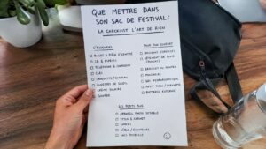 Sac à dos noir ouvert avec checklist complète des indispensables pour un festival, comprenant gourde, batterie externe, bouchons d'oreilles, lunettes de soleil et accessoires de confort, photographié en lumière naturelle avec un Panasonic Lumix S5 dans un style documentaire réaliste.