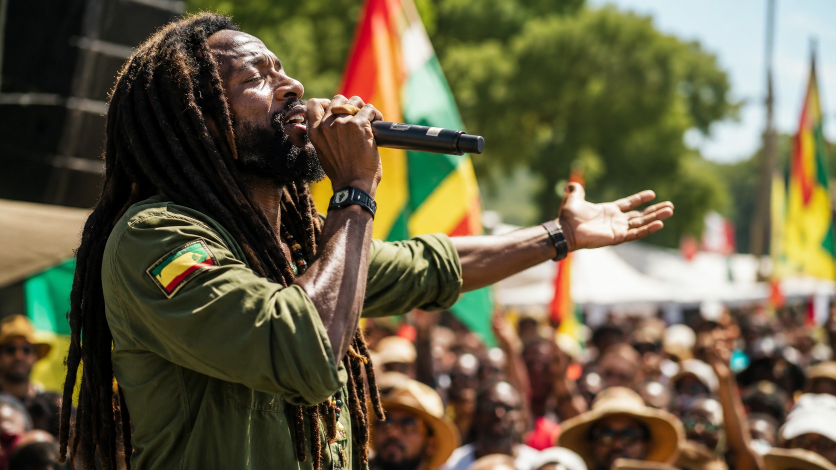 Concert reggae en exterieur sous le soleil, chanteur au micro face au public, ambiance festival musique live et histoire du reggae en scene